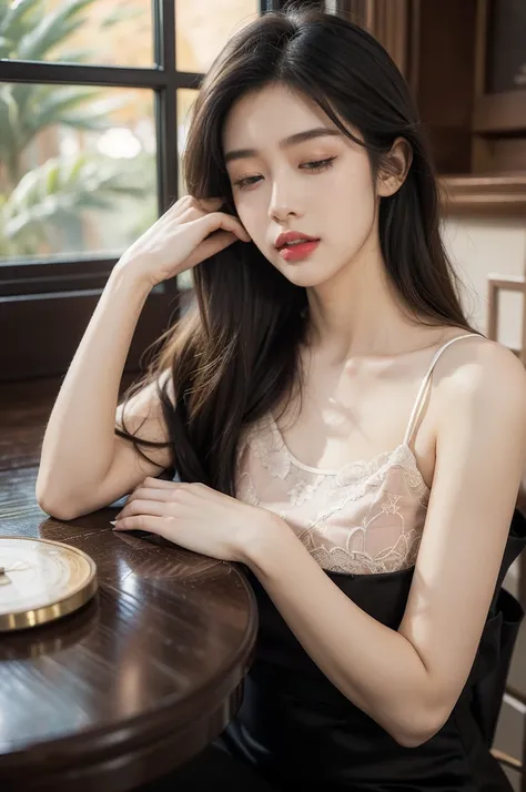 (((best quality))),(((ultra detailed))),(((masterpiece))),illustration,((1 beautiful young girl,solo,)),((slim,thin)),((small breasts,flat chest)),(shoulder length straight bob hair:1.2),(round face:1.2),delicate, sitting on the chair beside the dining tab...