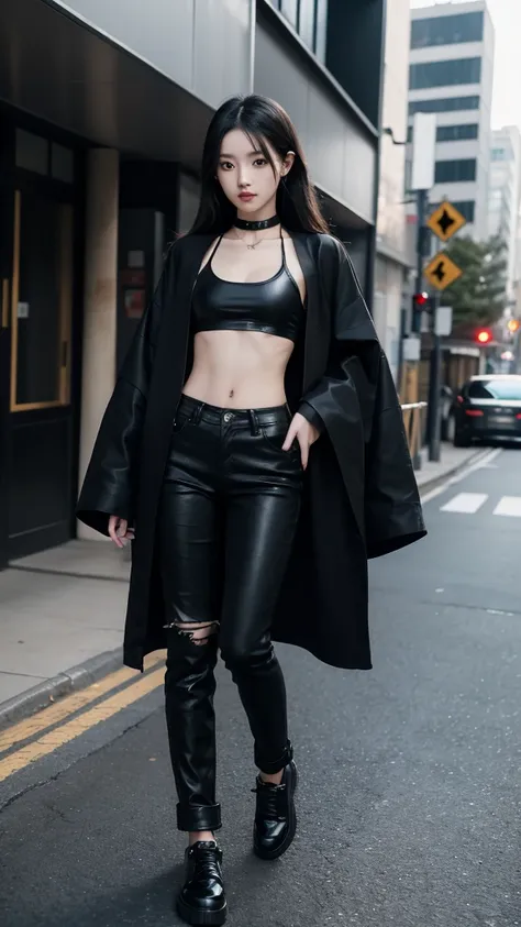 Japanese girl wearing a long black robe jacket wearing a black crop top wearing long black jeans wearing black shoes while showing off her slim stomach showing her navel, wearing a black leather choker necklace, long black hair, photo in the city (masterpi...