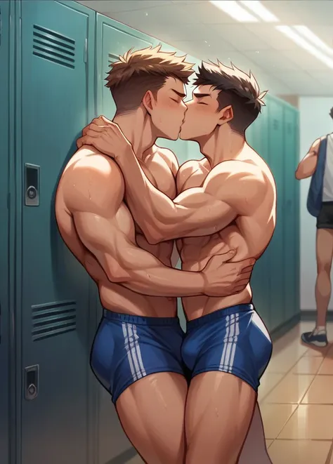 Sporty boys kissing 
Locker room 