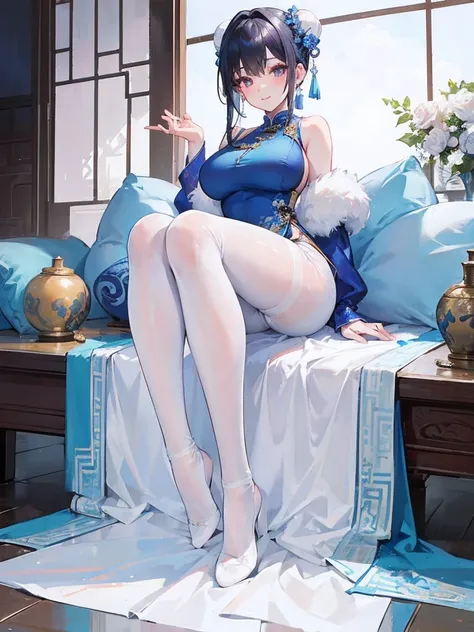 Masterpiece, best, 1 female, blue clothes, blue cheongsam, full body photo, ancient Chinese style, white cloth bun bun, black hair, shoulders, big breasts, slender legs, smile, white pantyhose, pantyhose lace side, white underwear, pale pink lips, embroide...