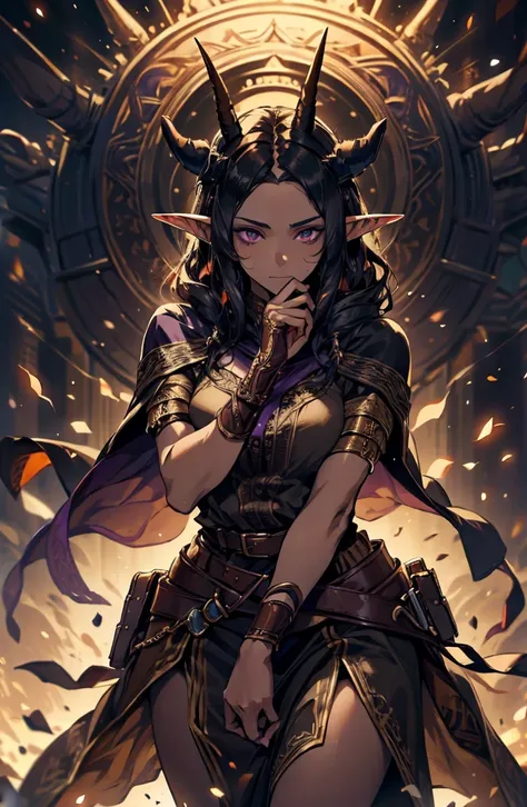 brown skin, older woman, sexy, tall, brown skin, one wing, black hair, elf, elf ears, horns, dark clothing, purple clothing