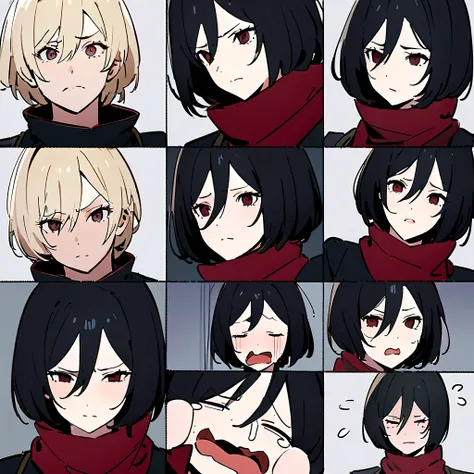 Mikasa Ackerman,Three-quarters view from the right,Gray background,Facial expression expressions,the same person,9 facial expressions,grid,微lol,lol,cry,tired,狡黠的假lol,Shy,Bad temper,surprise,Fear,rest, T 恤,best quality,masterpiece,Very detailed,Very detaile...