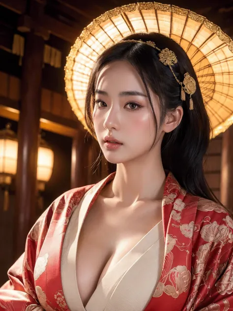 big breasted japanese woman wearing elaborate kimono, shrine, cinematic atmosphere, (best quality,4k,8k,highres,masterpiece:1.2),ultra-detailed,(realistic,photorealistic,photo-realistic:1.37),(looking at viewer),intricate details,beautiful ornate kimono,de...