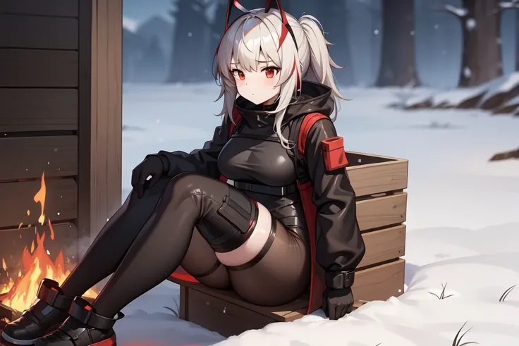 1girl, w_arknights, black bodysuit with red parts, mature, sitting on crates, snowy plains, campfire