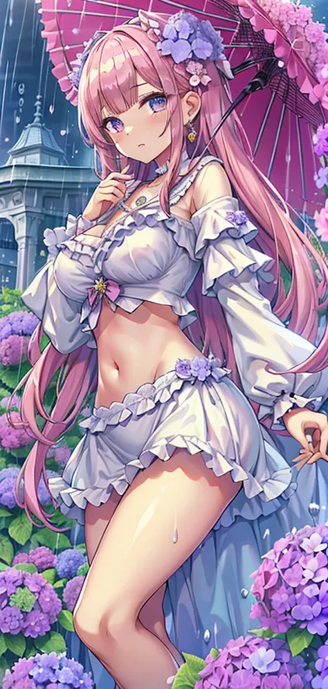 Masterpiece、Highest quality、Super detailed、1 girl、Light pink hair、Fluffy and soft long hair、Starry eyes、Big Tits、Cleavage、Sailor suit、Lace cape、Frills、ribbon、hydrangea、cute umbrella、rain、梅rain、Belly button、hydrangeaのヘアアクセ、Earrings、choker、underwear