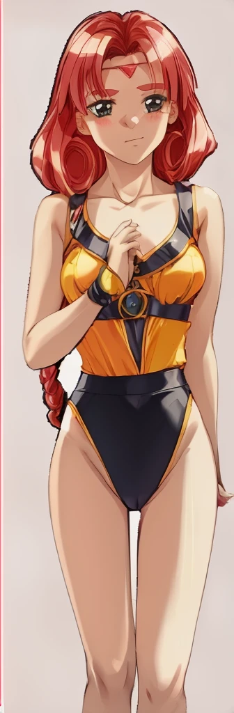 Natasha, with her long, round hair in short braids, is standing blushing with her hands on her hips in an orange high-cut leotard that reveals her shoulders and thighs.。