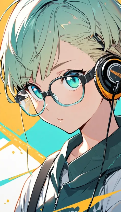 1girl, boyish, wearing glasses, aqua eyes, blond hair, short hair, headphone