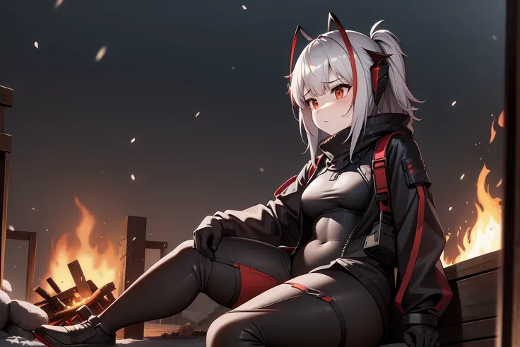 1girl, w_arknights, black bodysuit with red parts, mature, adult, sitting on crates, snowy plains, campfire