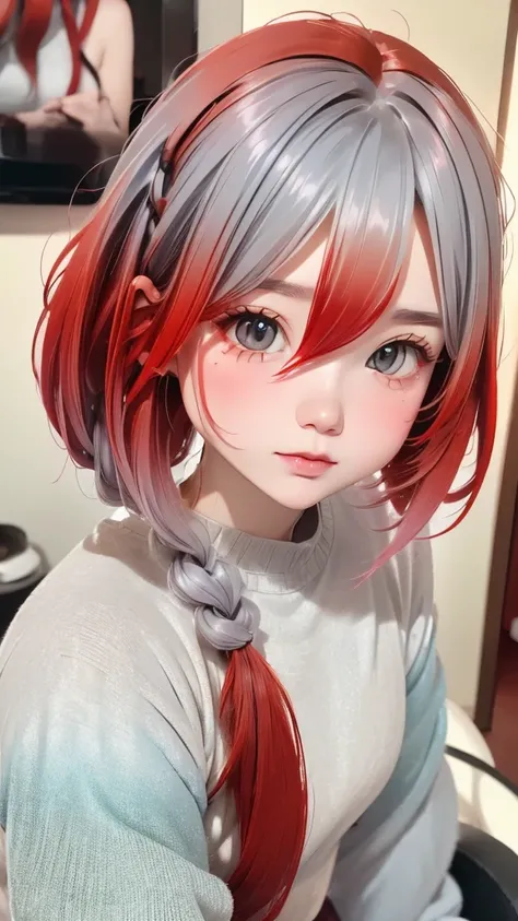 (((Gray Hair)))、(((Turning into a redhead:1.2)))、(((Beautiful gradient hair:1.2)))、One Girl、、big red ribbon hair ornament、Cute face、Baby Face、Natural look、Casual costume、Simple Background、Blurred Background、masterpiece:1.5、Highest quality、Ultra-high resolu...