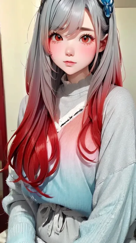 (((Gray Hair)))、(((Turning into a redhead:1.2)))、(((Beautiful gradient hair:1.2)))、One Girl、、big red ribbon hair ornament、Cute face、Baby Face、Natural look、Casual costume、Simple Background、Blurred Background、masterpiece:1.5、Highest quality、Ultra-high resolu...