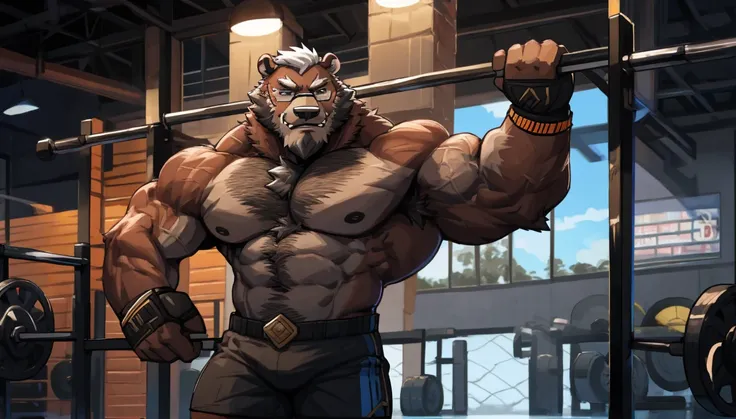 solo, 1boy, huge muscular old grizzly bear wearing glasses , pectoral, huge pectoral, wide pectoral, short white hair, short pan...