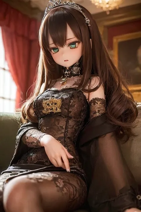 (SFW:2), photorealistic, realistic photo, ((highest quality)), ((masterpiece)), (extremely detailed), kukolnydom, doll, (mature woman:1.6), solo, ((eye level shot, sitting on sofa, reclining on sofa, skinny, slender, slim, brown hair, parted lips)), detail...