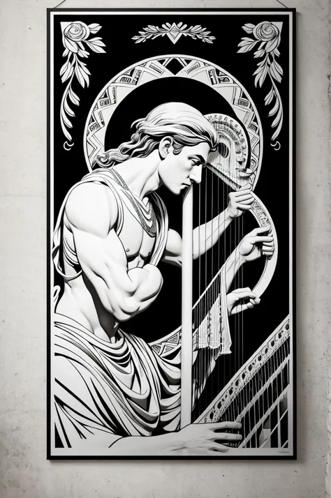 a black and white poster with a man holding a harp, oniric, graphic design poster, archaic, by Mirko Rački, official fanart behance hd, baroque vaporwave statue, streetwear graphic design, inspired by Petros Afshar, cherubic, beeple and alphonse mucha, by ...