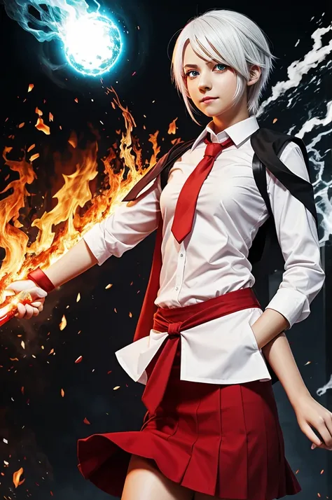 character white hair girl red eyes green skirt white shirt red tie power fire black and school background