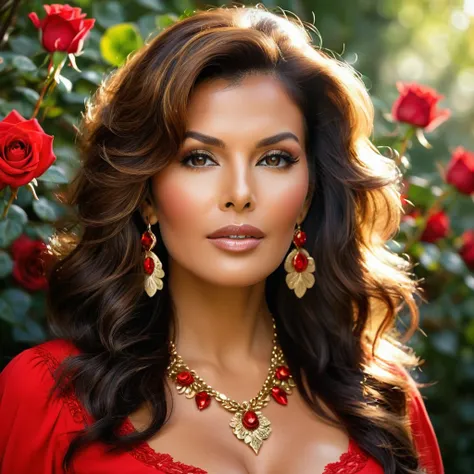 Create a highly detailed and realistic portrait of a young Raquel Welch with long, wavy black hair adorned with red roses. She has striking, expressive eyes and a calm, composed expression. She is wearing a vintage-style outfit with a necklace featuring a ...