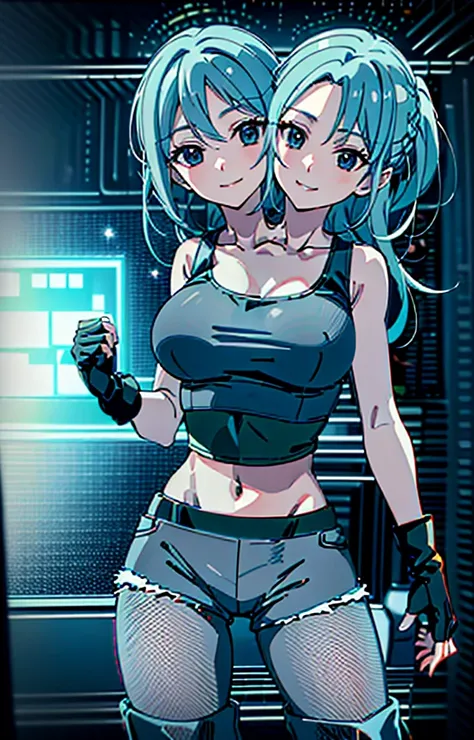 best quality, (masterpiece),(ultra-detailed), (high quality), (high resolution), ((2heads:1.5)), best quality:1.5, highres, UHD, 16K), smiling, highres, masterpiece, ((light blue hair)), gamer girl, long hair, hair band, black eyes, ((cinematic particles))...