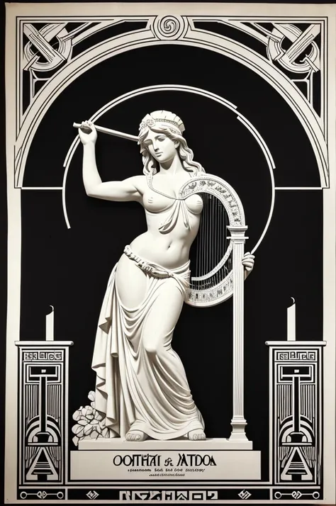 a black and white poster with a greek statue holding a harp, poster art by Mirko Rački, featured on behance, orphism, oniric, graphic design poster, archaic, official fanart behance hd, baroque vaporwave statue, streetwear graphic design, cherubic, beeple ...