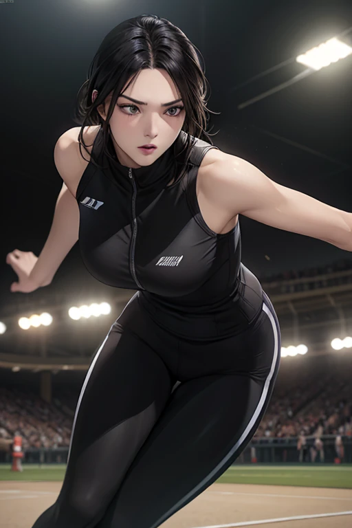 young female athlete racing on the road, long flowing black hair, sleek and aerodynamic running wear, intense expression, severa...