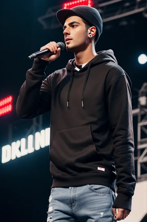 A 26 year old male rapper with dark brown hair and smoldering blue eyes holding a microphone on his hand with a stern expression on his face in a large stadium filled with fans cheering, with red and white LED lights shining on him, wearing  a black hoodie...