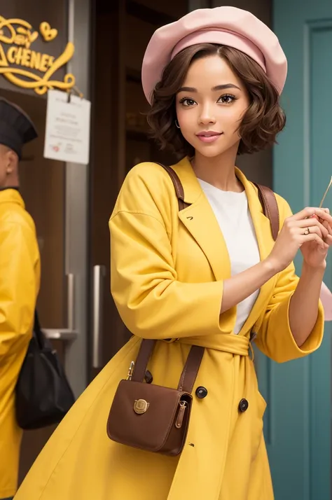 create in the style of the fun disney pixar film,a character with light skin color ,with short brown hair,eyes browns,wearing a chef hat,wearing a yellow coat with pink details and holding a bag 
