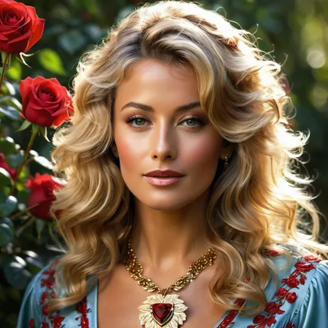 Create a highly detailed and realistic portrait of a young Farrah Fawcett with long, wavy blonde hair adorned with red roses. She has striking, expressive eyes and a calm, composed expression. She is wearing a vintage-style outfit with a necklace featuring...