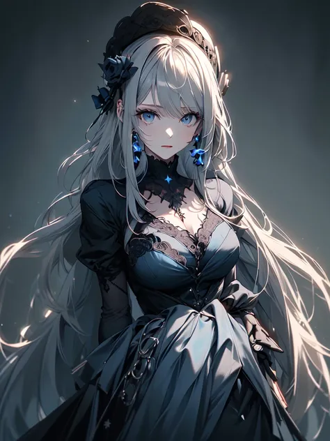 (masterpiece:1.2), highest quality, 1 female, alone, long long gray hair,   very long hair, bangs, (dark blue background:1.4), dark blue eyes, black bonnet with dark blue rose decoration, black gothic dress
