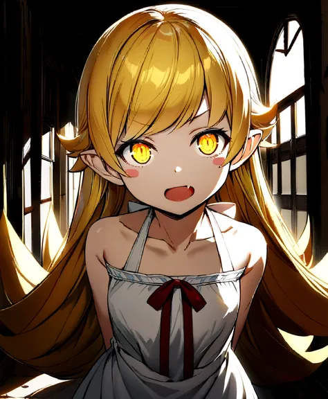 high-detailed, Glowing red eyes, dark hallway, abandoned hallway, oshino shinobu,long hair, blonde hair,yellow eyes, pointy ears, dress, white dress,blush stickers, bare shoulders, fang,