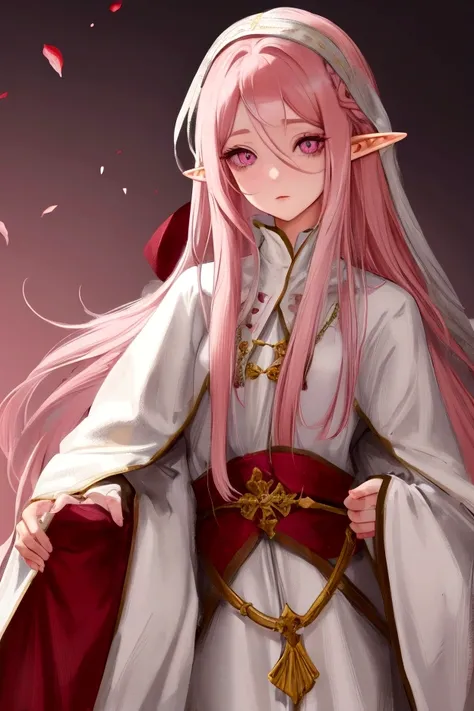 female elf, , long straight pink hair, white medieval clothing , Eyes red 