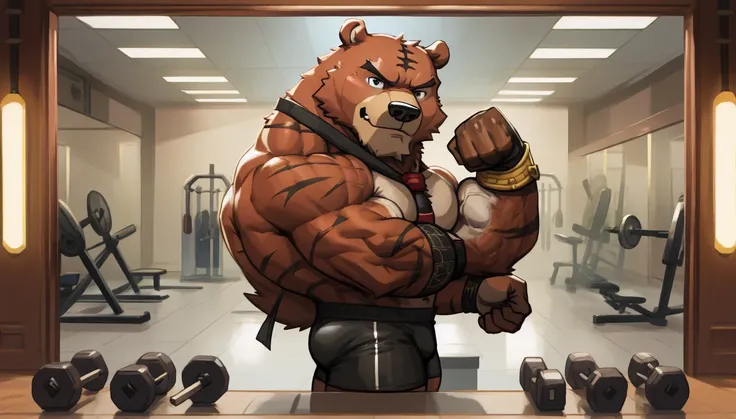 Huge muscular thick Bear bodybuilder shirtless in black gym shorts and wristbands flexing and posing at the mirror looking at his muscles pumped.
