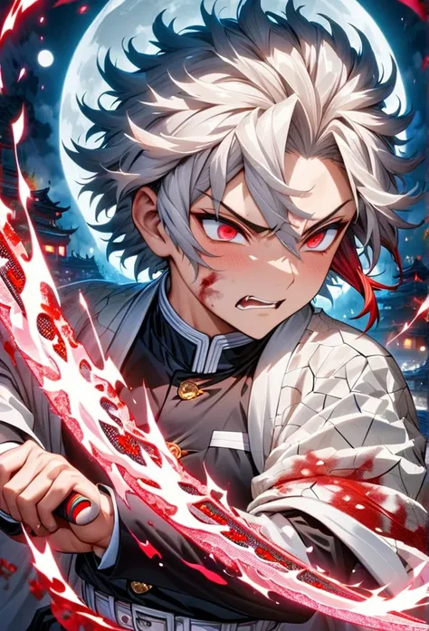 Ultra detailed, highres, absurdres, HDR, master piece, anime men, pretty boy, white hair with one red streaks, expressive red eyes, white haori, black demon slayer uniform, Kimetsu No Yaiba, fantasy, golden details, white flowers, handsome, sexy men grabbi...