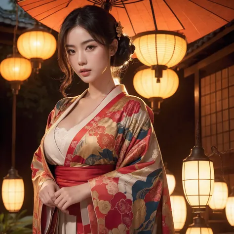 big breasted japanese woman in elaborate kimono, ornate shrine, cinematic atmosphere, (best quality,4k,8k,highres,masterpiece:1.2),ultra-detailed,(realistic,photorealistic,photo-realistic:1.37),(looking at viewer),highly detailed face,beautiful detailed ey...