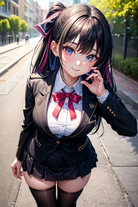 a beauty girl，girl with，A smile，Cute blazer in black uniform，Ribbon on uniform、top-quality，​masterpiece，Colossal tits，超A high resolution，multicolored hair，Excellent style，Perfect facial features，a beauty girl，modeled，girl，long，​masterpiece，Loose socks，