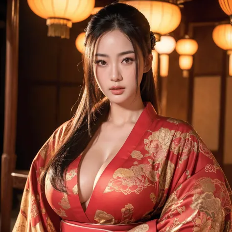 big breasted japanese woman wearing elaborate kimono, shrine, cinematic atmosphere, (best quality,4k,8k,highres,masterpiece:1.2),ultra-detailed,(realistic,photorealistic,photo-realistic:1.37),(looking at viewer),intricate details,beautiful ornate kimono,de...