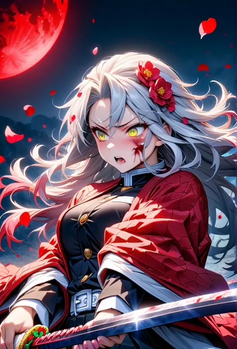 Ultra detailed, highres, absurdres, HDR, master piece, anime adult woman, pretty woman, white long hair with red streaks, expressive yellow eyes, red haori with patters of blood, black demon slayer uniform, Kimetsu No Yaiba, fantasy, petals, red flowers, p...