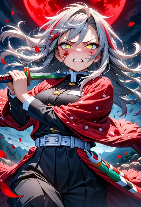 Ultra detailed, highres, absurdres, HDR, master piece, anime adult woman, pretty woman, white long hair with red streaks, expressive yellow eyes, red haori with patters of blood, black demon slayer uniform, Kimetsu No Yaiba, fantasy, petals, red flowers, p...