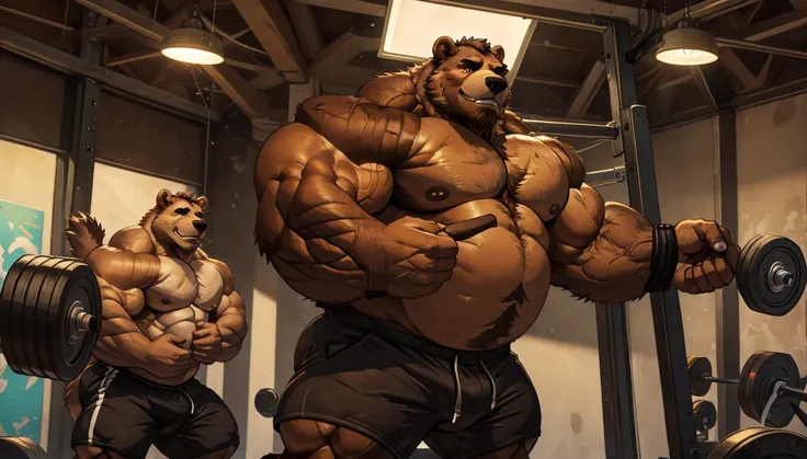 (best quality, 4k, highres, masterpiece:1.2), 1bear, 1boy, ultra-detailed, fury, furry art (realistic, photorealistic, photo-realistic:1.37), massive muscular, huge muscular, chubby Grizzly bear, working out, deadlifts, workout in the gym, pumping his huge...