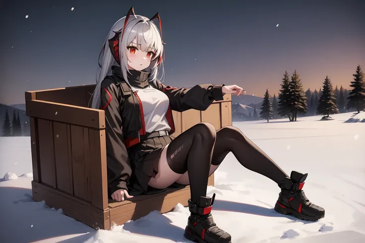 1girl, w_arknights, black clothes red parts, tall, teenager, sitting on steel crates, snowy plains, campfire, snow