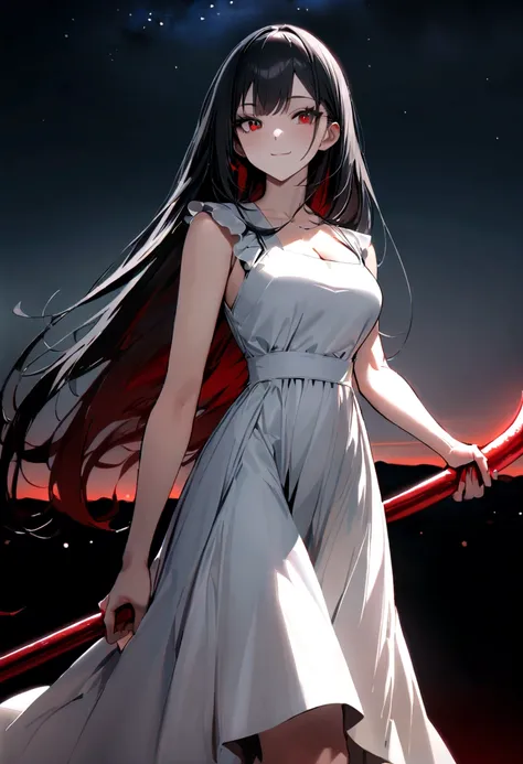 (top-quality)), ((​masterpiece)), ((ultra-detailliert)), (extremely delicate and beautiful), raven black hair, long straight hair, beautiful woman, gentle smile, ruby red eyes, black and white dress, knee length dress, jiraikei styled dress, night sky back...