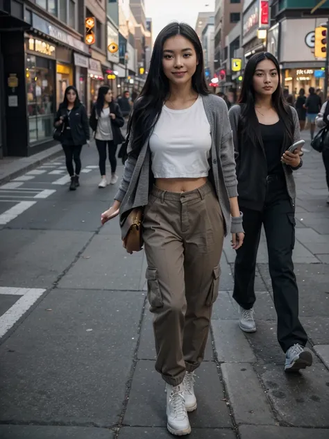 A young Asian woman with long black hair stands on a busy city street. She was wearing a gray cardigan with a white t-shirt top, cargo pants, trendy high-waisted army boots, and holding a smartphone. The background shows traffic lights, cars and other pede...