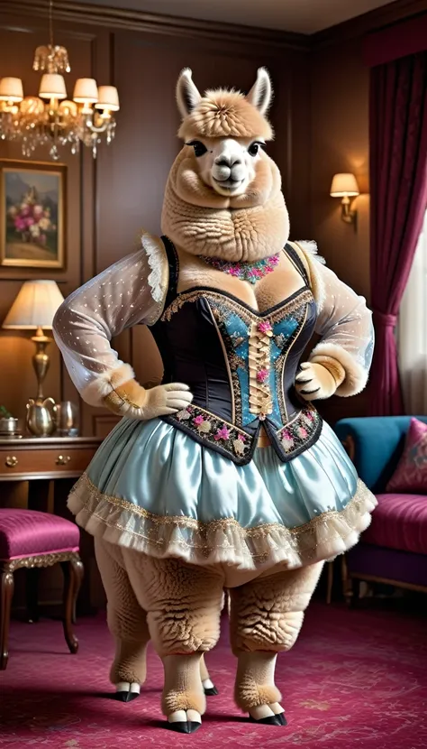 photorealistic portrait of Dressed animals-a (fat) ((alpaca)) dancer,(furry), (elegant pose:1.5), (hands on hips:1.5),(smile:1.5),high quality,(happy),(lovely) ,intricate details, Wearing bustier, (), highly detailed ((bustier)) ,highly detailed decoration...