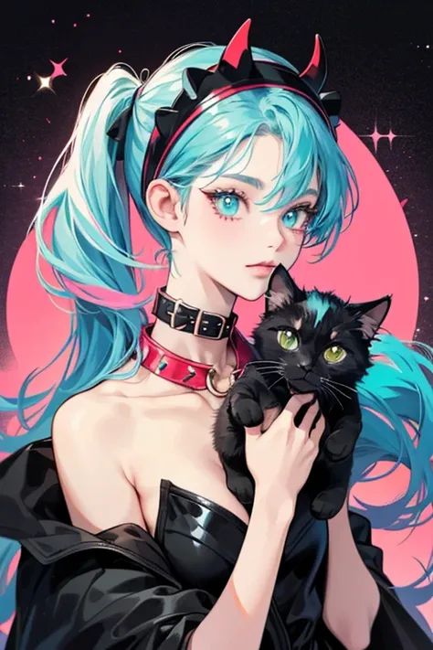 She is a black kitty with red devil headband  She has a black nose and two differently colored eyes: one is teal while the other is blue, . She has a pink studded collar.  SPARKLE; GLITTER