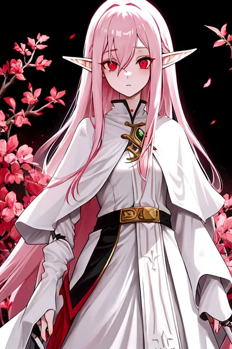 female elf, , long straight pink hair, white medieval clothing , Eyes red, black cloack, 