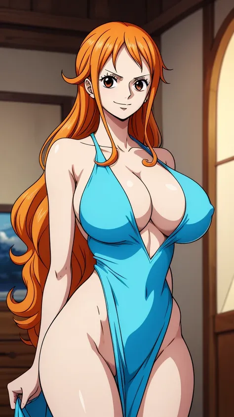 Nami, Create an image of Nami from One Piece with the following characteristics: Beautiful girl, beautiful face, teen girl, tall, slim, sexy, thin, large breasts, big breasts, large boobs, big boobs, very slim waist, sexy hips, slim abs, beautiful brown ey...