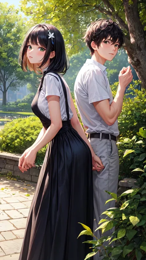 ((best quality)), ((masterpiece)), (detailed), picture containing a couple standing back to back with their hands clasped together, and behind them there is a tree with green leaves falling. The girl hair is black and the boy hair is gray.