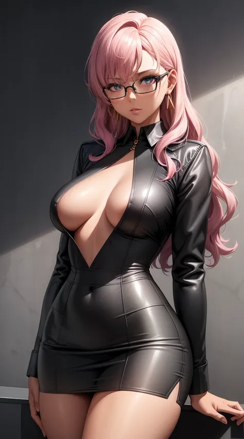 (best quality:1.5, highres, UHD, 4K, detailed lighting, shaders), gold curly haired, gradient hair, large breasts, suit, gray shirt, social shirt, short skirt, mature woman with glasses, perfect fingers, (pov), white background, colorful eyeshadow, dramati...