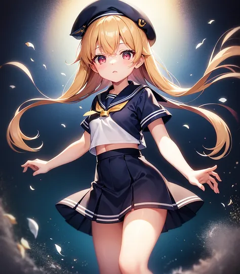 (Sailor suit),(((Navy Mini Skirt))),(Red Beret),,Cute little loli,Tiny Lori,Small girl,,Childish face, Very fine clean face,Top quality, Big eyes,Straight Hair,Yellow hair,Crimson Eye,(Dark Room), Subtle light, Natural light,Soft lighting,Light from direct...