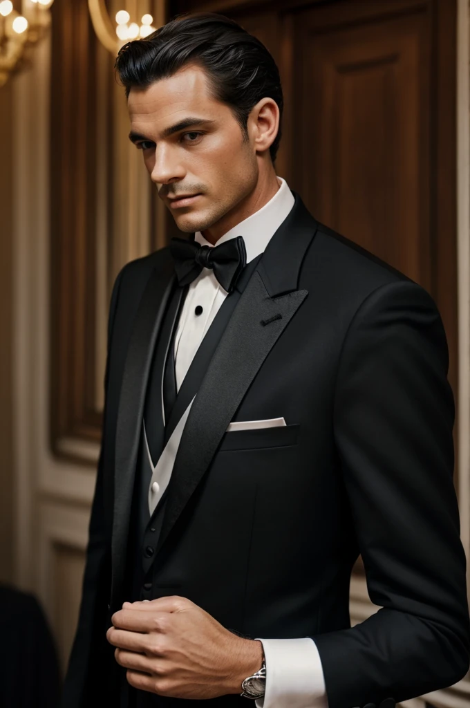 A man wearing a classic black tuxedo and bow tie illustrates the formal black tie attire for men.