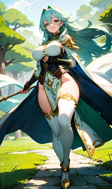 Older woman with big breasts wearing a fantasy world outfit while smiling slightly, walking with light green eyes and long dark blue hair with dark green covering the right eye