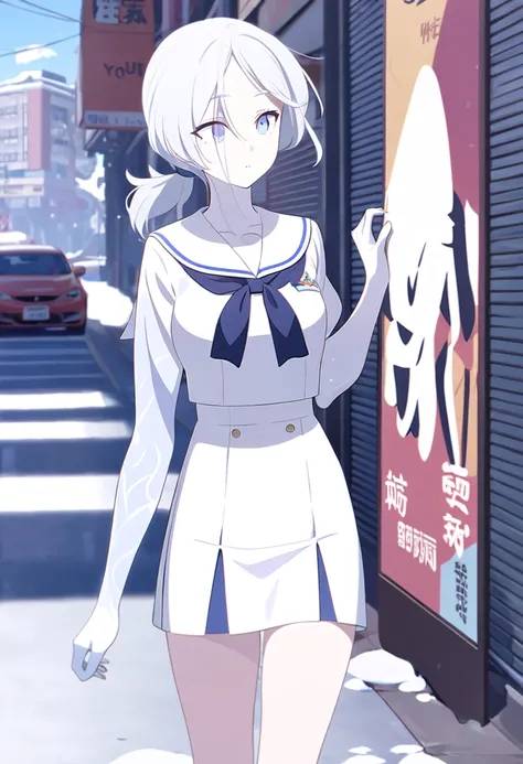 (One tall woman,Snow-like skin,White Hair,Hairstyle is short ponytail,Blue Eyes,Medium chest,Medium thighs,Cover your right eye with your hair)Sailor suit,Short skirt,Woman walking on the street