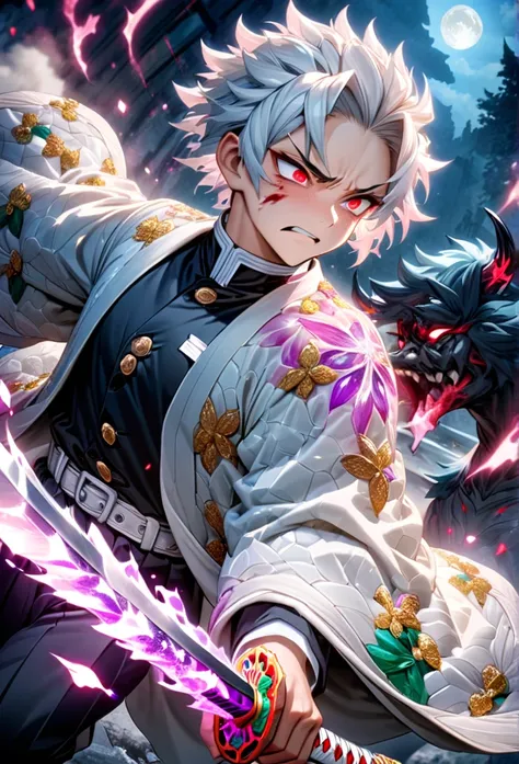 Ultra detailed, highres, absurdres, HDR, master piece, anime men, pretty boy, white hair with one single red streak, expressive red eyes, white haori, black demon slayer uniform, Kimetsu No Yaiba, fantasy, golden details, white flowers, handsome, sexy men ...